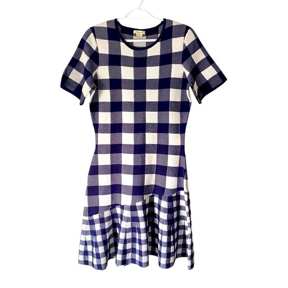 Shoshanna Blue White Gingham Print Knit Stretch Dress size large - Picture 1 of 7